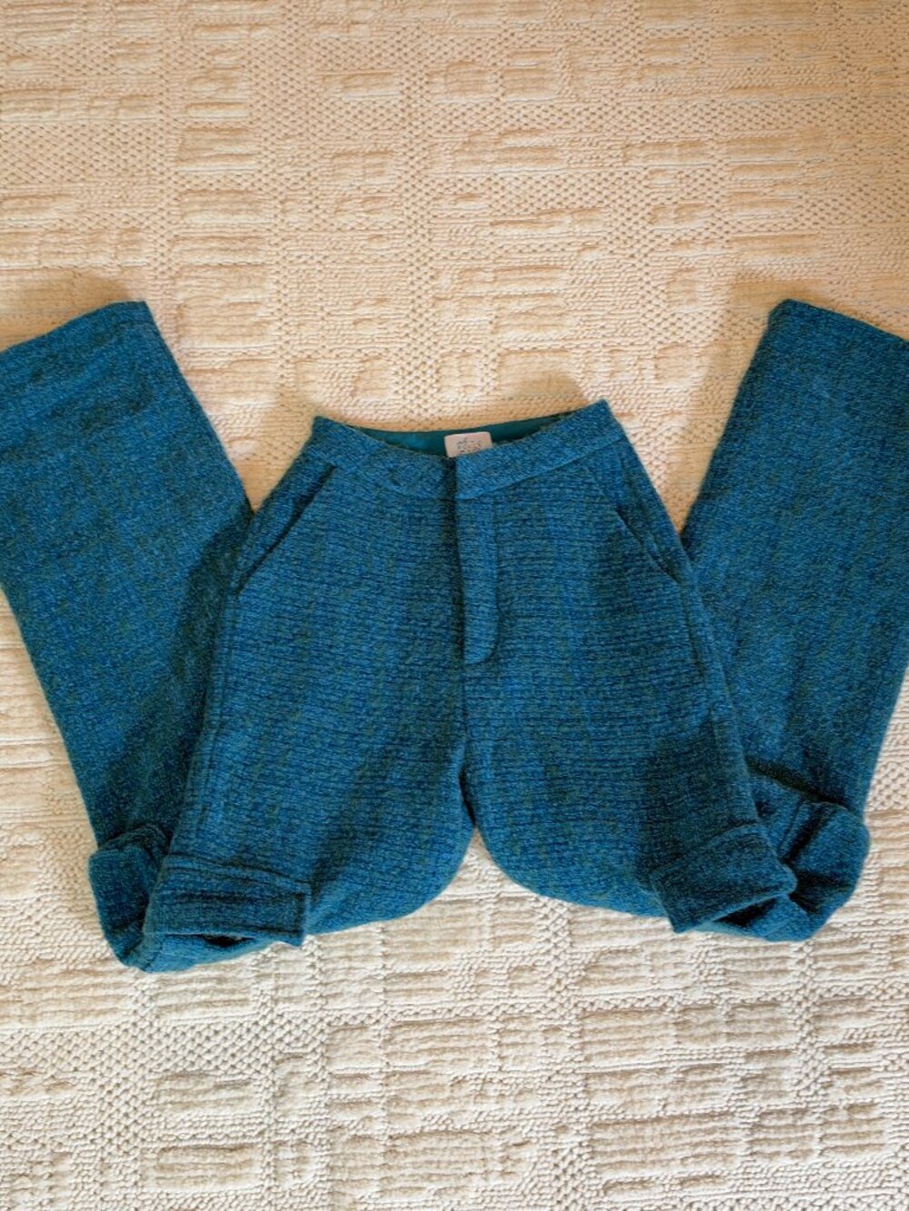 Oh Polly Teal Tweed High-Waisted Cargo Straight Leg Trousers – Size 0